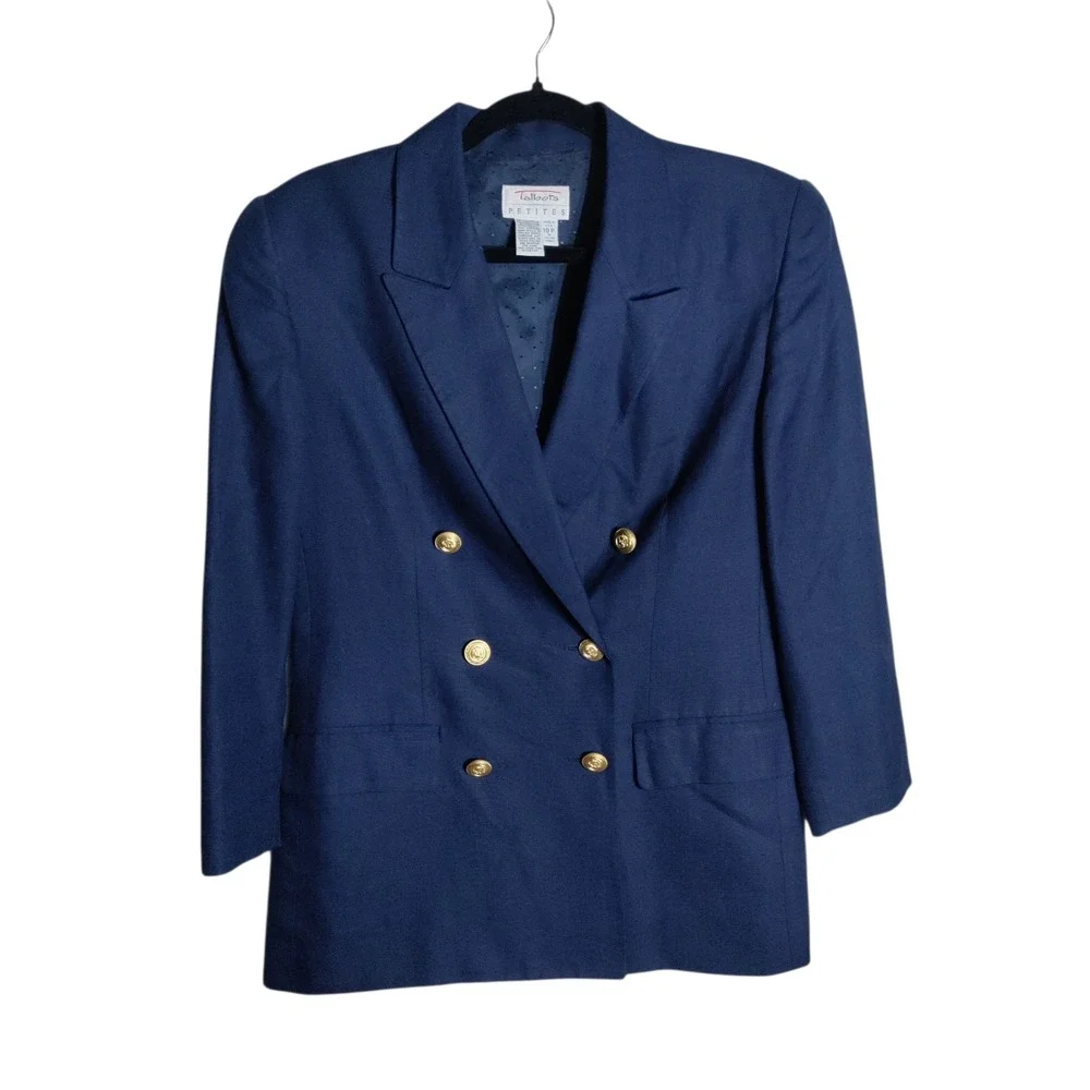 Talbots Petites Navy‎ Blue Double Breasted Linen Blend Blazer Jacket Size 10P